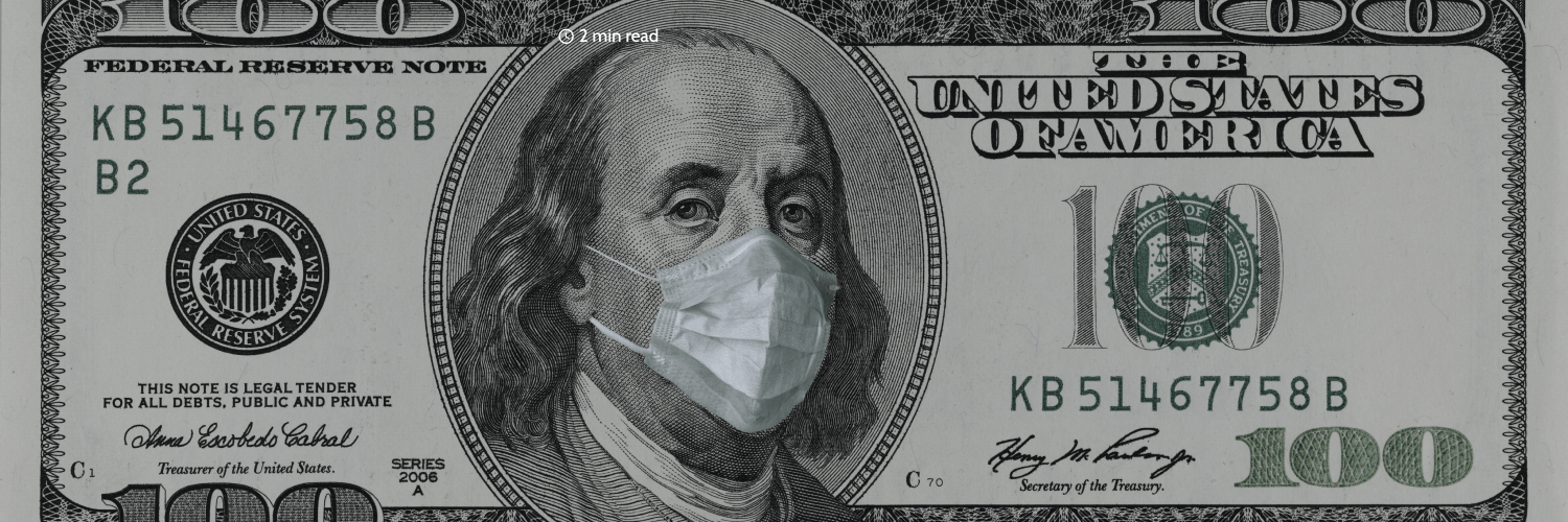 Benjamin Franklin portrait close-up on 100 dollars banknote in a medical mask. Close up.